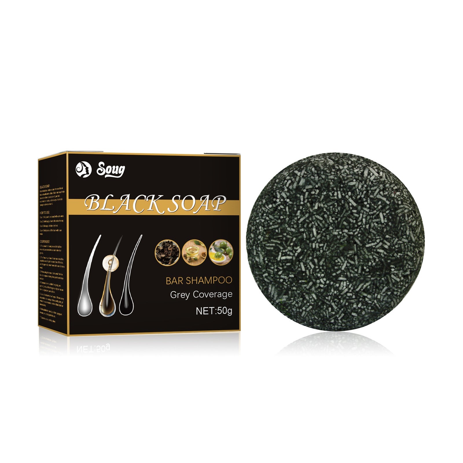 Premium black soap bar in forest-green charcoal color displayed alongside elegant black and gold packaging box with product branding