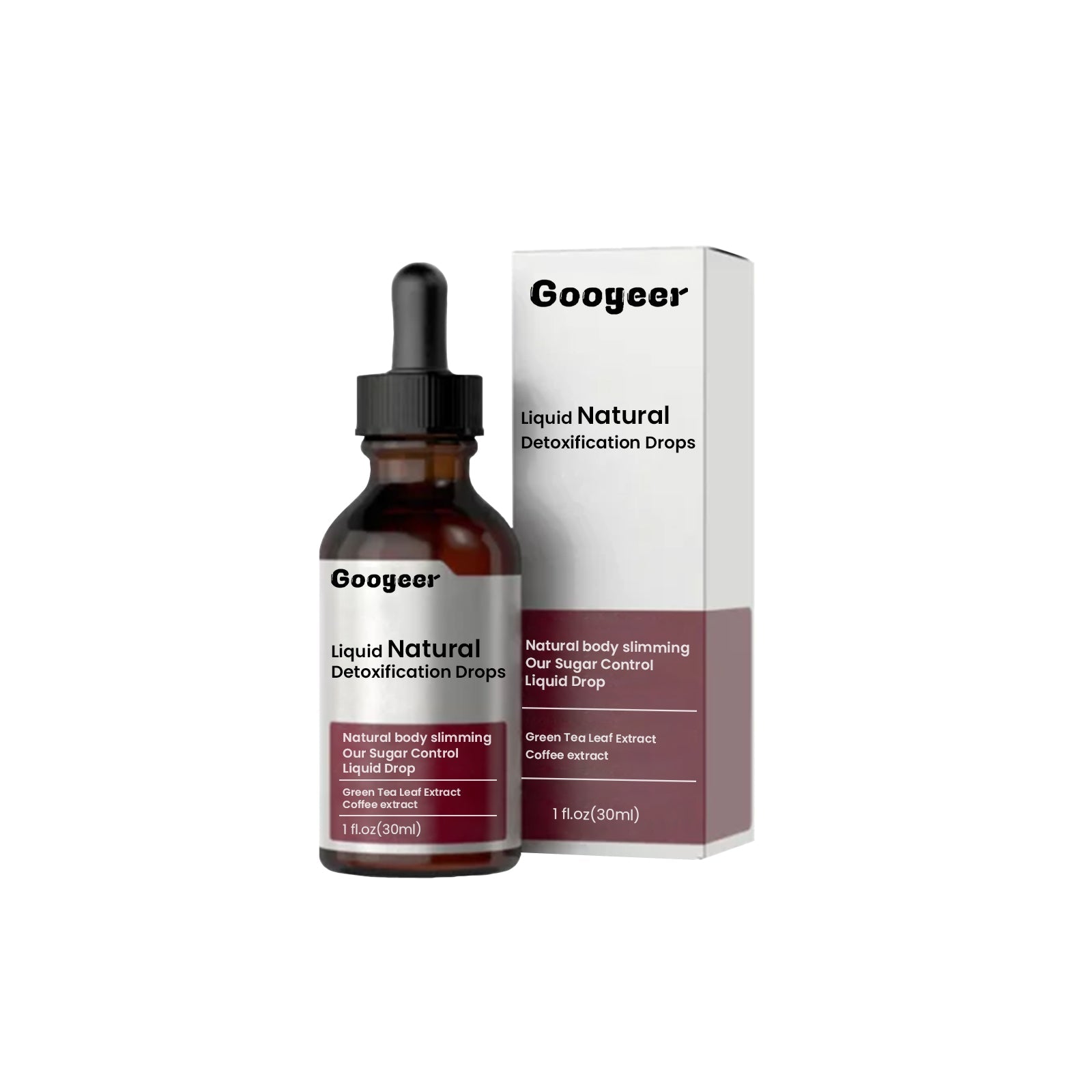 Googeer Liquid Natural Detoxification Drops 30ml amber glass bottle with dropper cap alongside white cardboard packaging box showing brand name and key claims