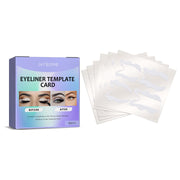 Product packaging and stencil cards displayed together showing gradient purple-to-cyan box with brand name JAYSUING and product name Eyeliner Template Card with before/after eye makeup images