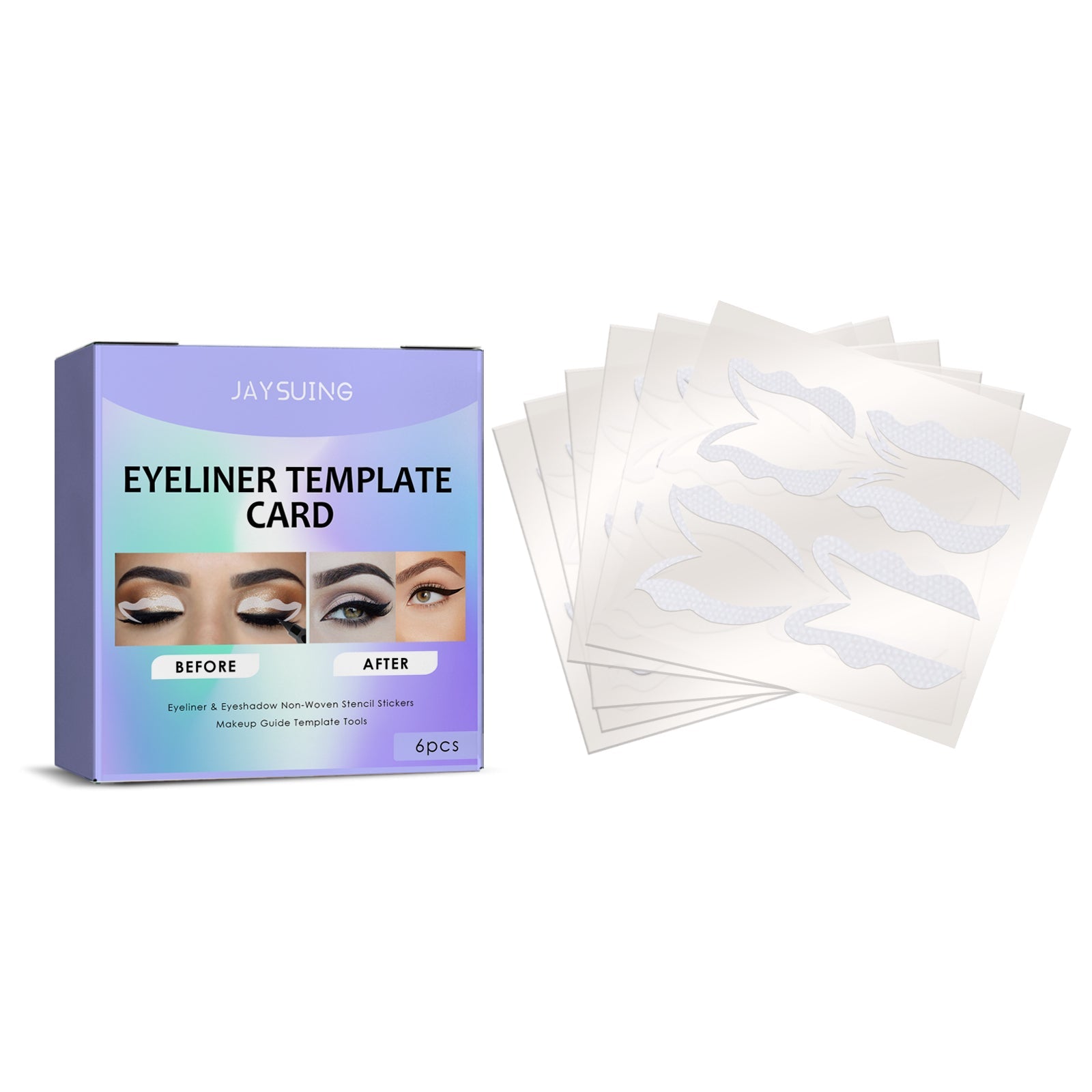 Product packaging and stencil cards displayed together showing gradient purple-to-cyan box with brand name JAYSUING and product name Eyeliner Template Card with before/after eye makeup images