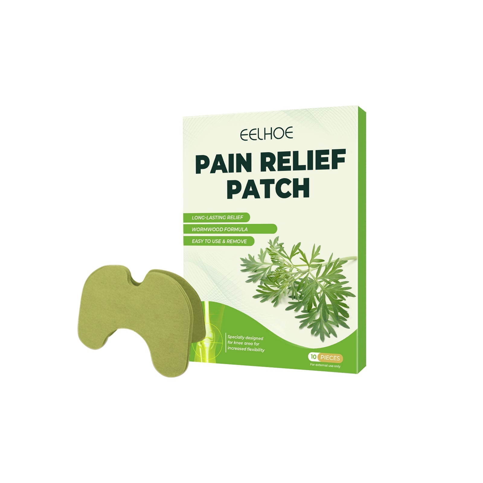 EELHOE Pain Relief Patch packaging and product sample showing sage-green butterfly-shaped patch with wormwood formula claims