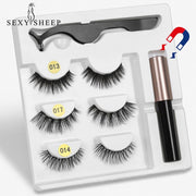 Complete Sexy Sheep magnetic lash set displayed in white packaging showing 3 pairs of numbered lashes, magnetic tweezers, eyeliner, and applicator tool