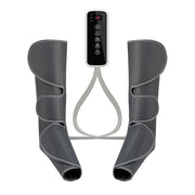 Complete leg massager system showing both calf sleeves in use with central control unit displaying digital settings