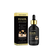 Product packaging and bottle displayed together showing luxury East Moon Hair Growth Serum with gold and black design