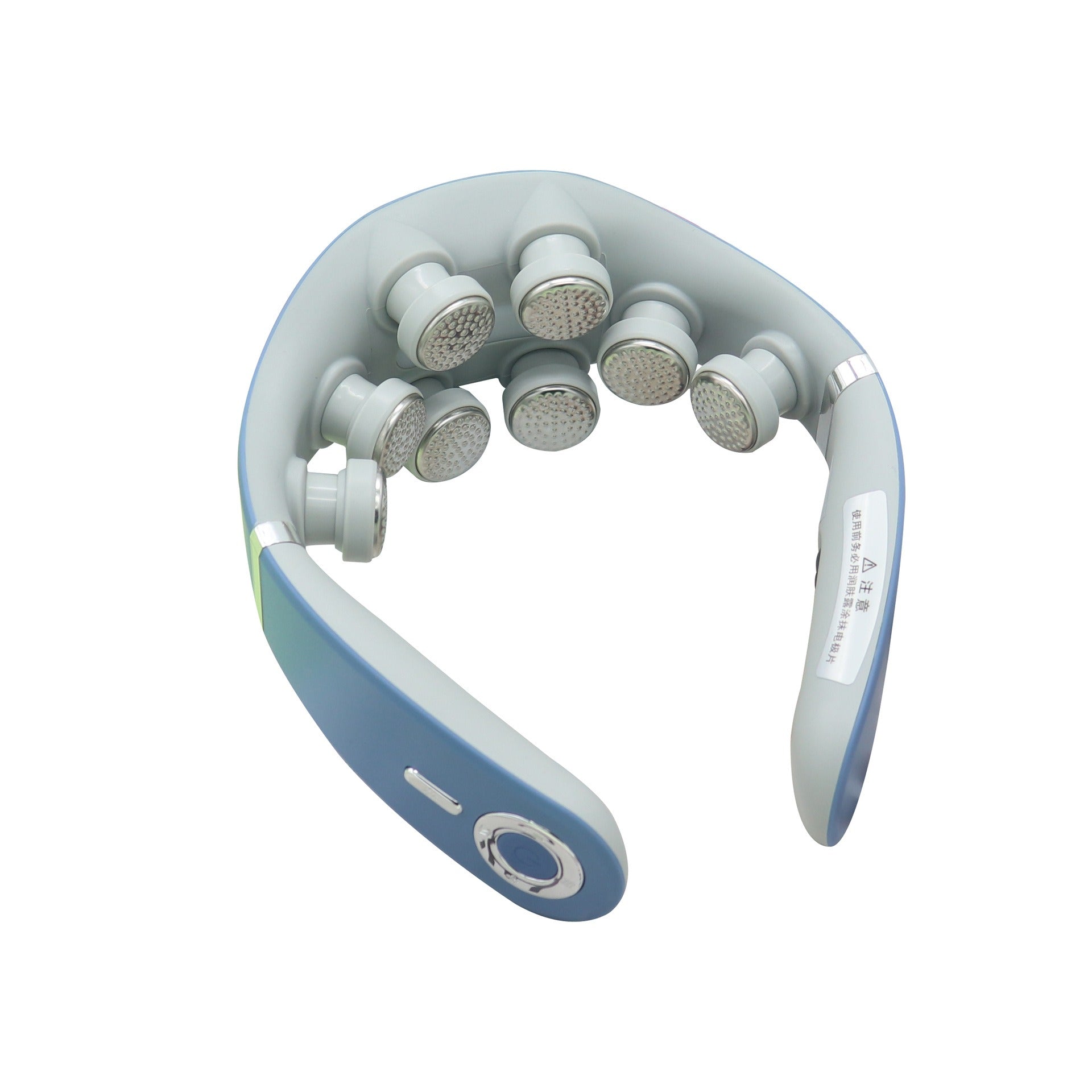 Cervical massager shown from above displaying 8 interchangeable massage electrode heads with metallic gold/silver finish and soft white silicone housing