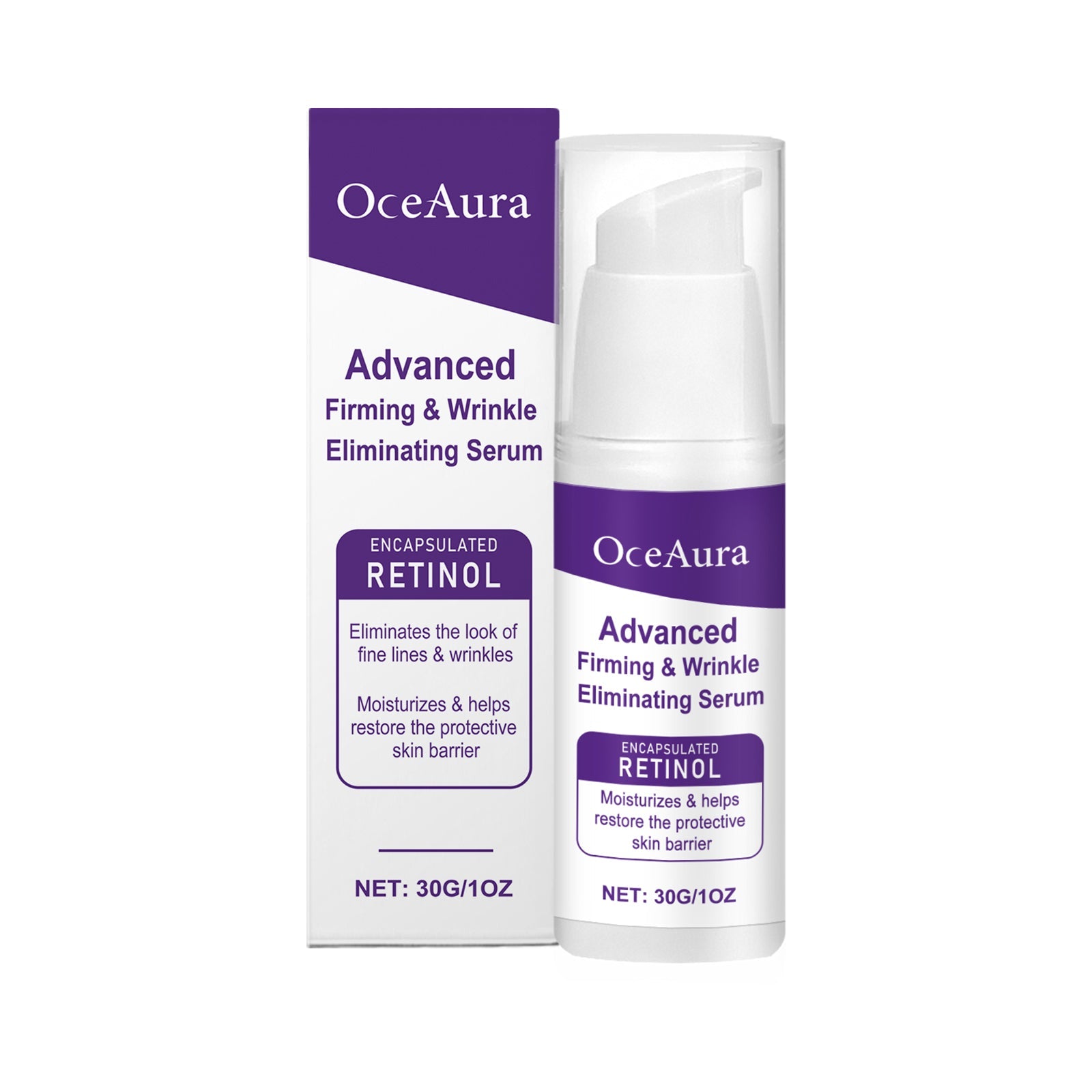 OceAura Advanced Firming & Wrinkle Eliminating Serum with packaging box and pump bottle