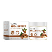 OUHOE Shea Butter box and jar on white background showing packaging design, product size, and branding
