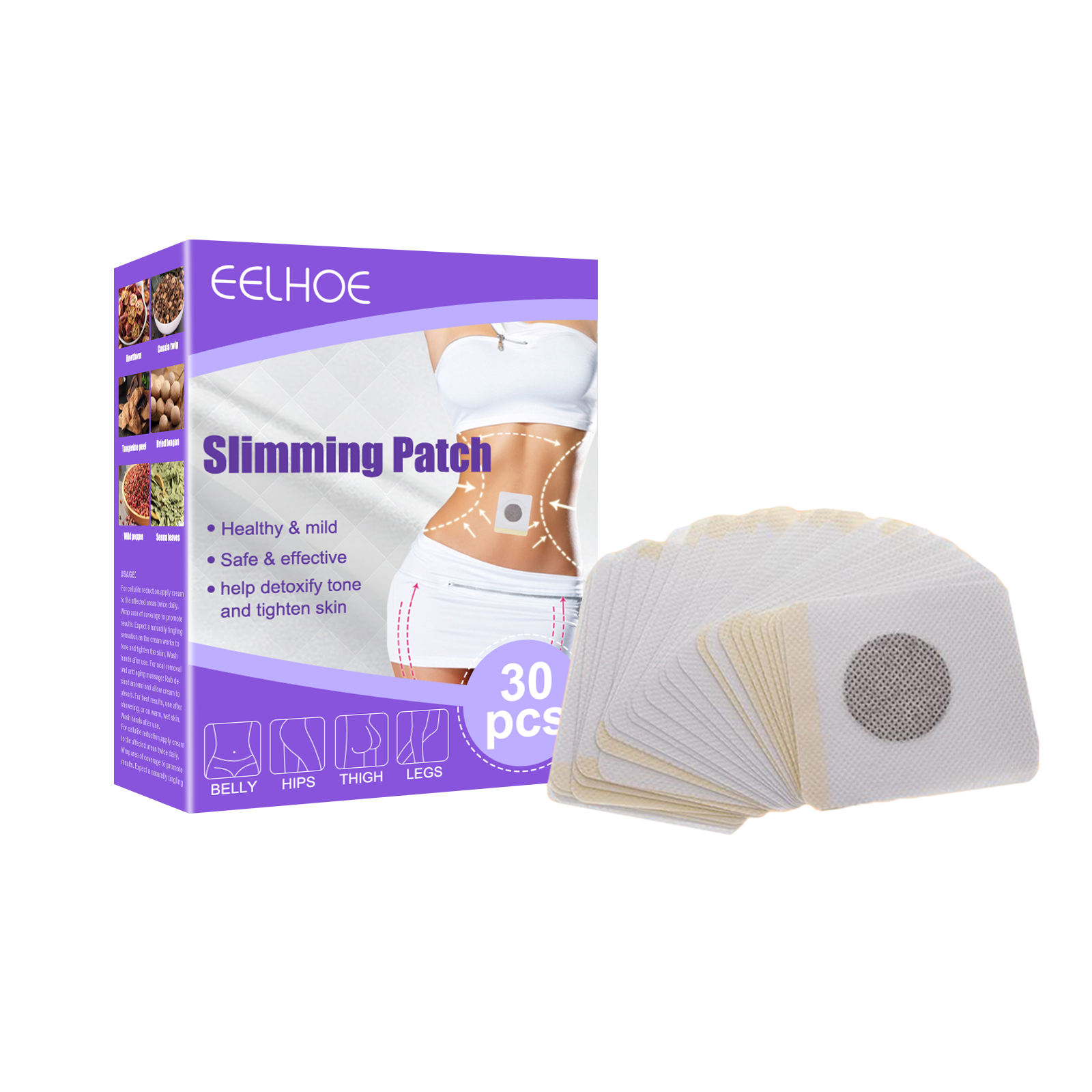 Product box and 30 individual slimming patches fanned display