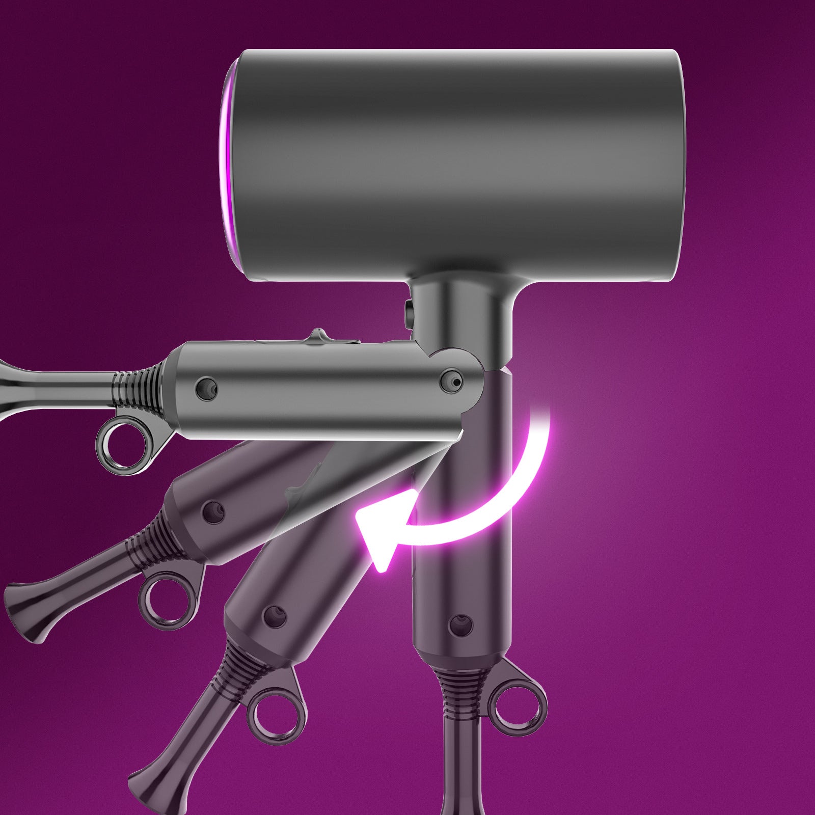 Product ecosystem showing main dryer barrel with three interchangeable attachments arranged below against vibrant magenta background with neon pink accent lighting