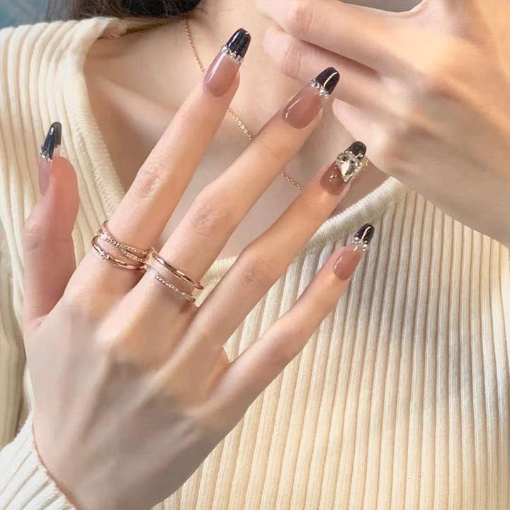 Black French Press-On Nails With Rhinestone Chain Art