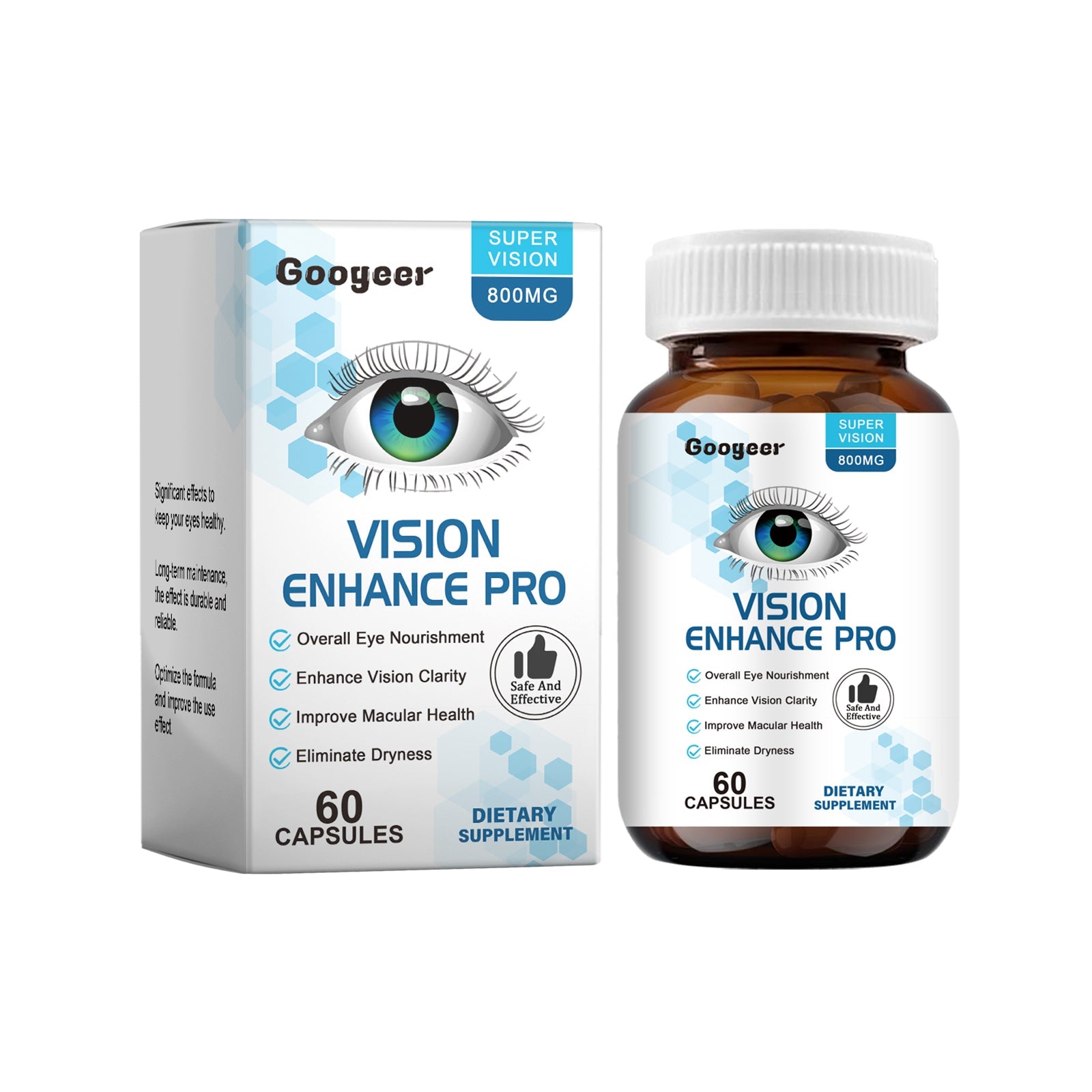 Googeer Vision Enhance Pro 800MG supplement showing product box and amber glass bottle side-by-side