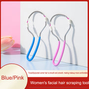 Two facial hair removal devices in blue and pink with white ergonomic handles against light background with pink accents