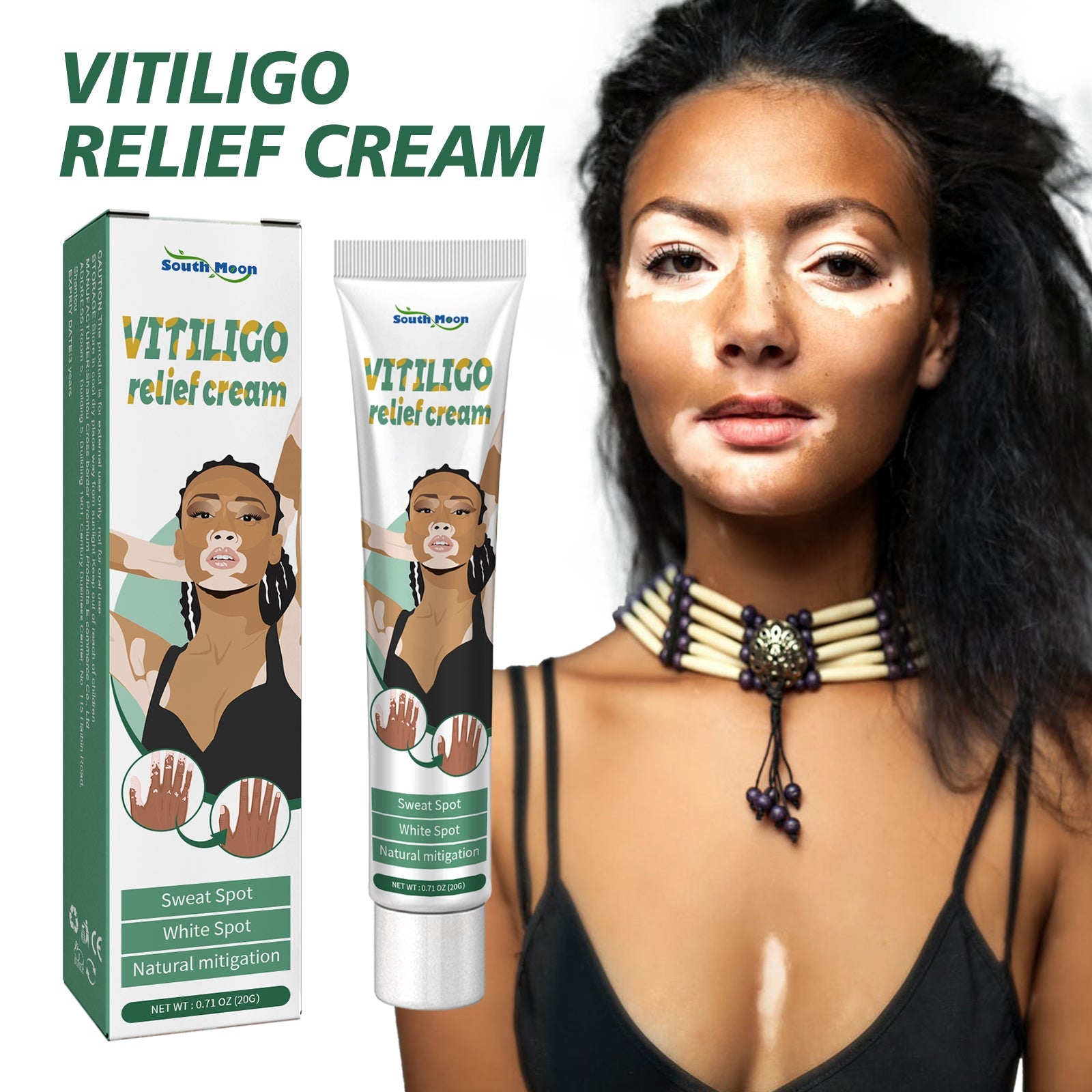 Vitiligo Relief Cream product display with packaging and tube alongside lifestyle portrait of woman with clear glowing skin