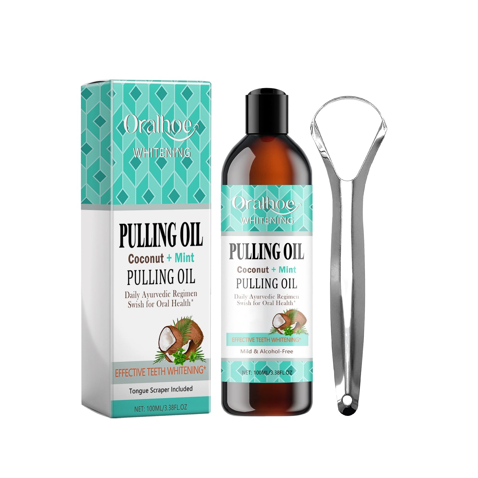 Complete product set showing turquoise branded box, amber glass bottle with black cap, and metal tongue scraper tool on white background