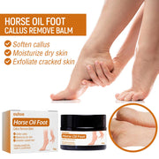 Hands massaging feet with product claims displayed: soften callus, moisturize dry skin, exfoliate cracked skin