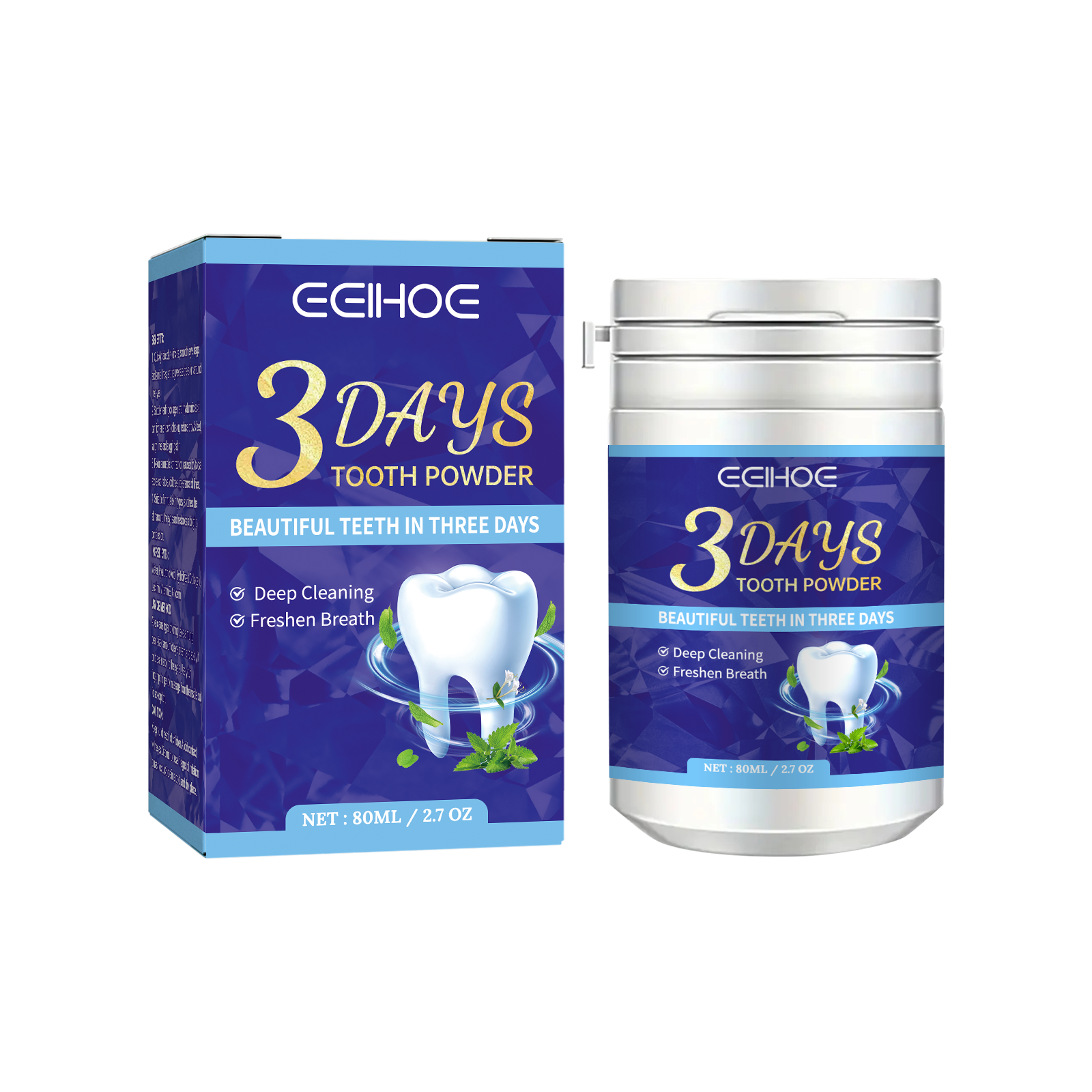 Product display showing EEIHOE 3 Days Tooth Powder box and metallic jar container side-by-side