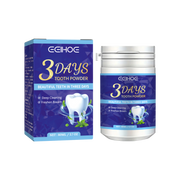 Product display showing EEIHOE 3 Days Tooth Powder box and metallic jar container side-by-side