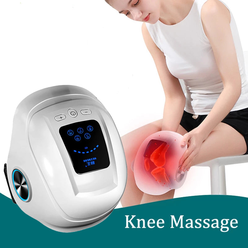 Woman in white tank top using knee massager on her knee with visible red infrared heat glow, alongside full device view with digital display