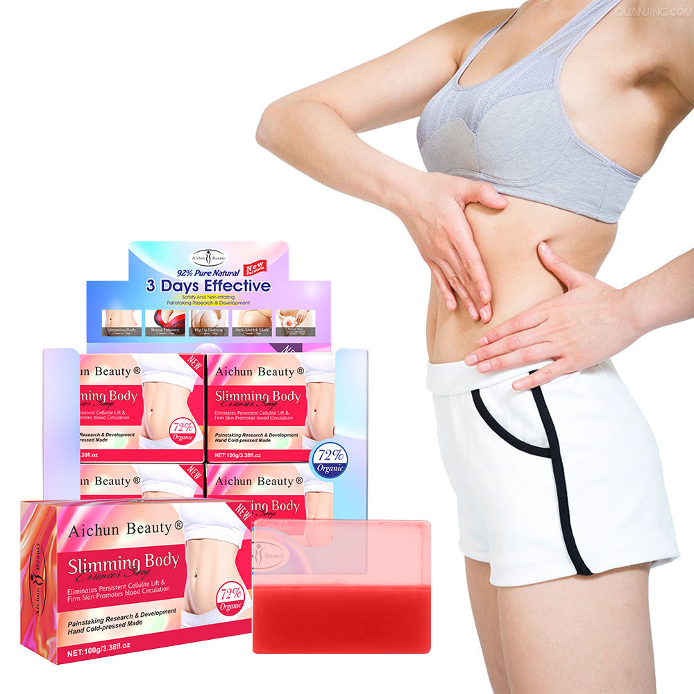 Fit woman measuring her waist with measuring tape, overlaid with 'Eliminates Persistent Cellulite Lift & Firm Skin Promotes Blood Circulation' text and 72% Organic seal, product box and loose soap bar visible