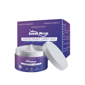 Product shot of South Moon Comfrey Essence Care Cream jar with white lid and purple packaging box displayed together