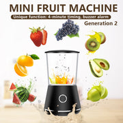 Mini Fruit Machine Generation 2 with assorted fresh fruits arranged around a central blender unit mid-blend with colorful liquid splash