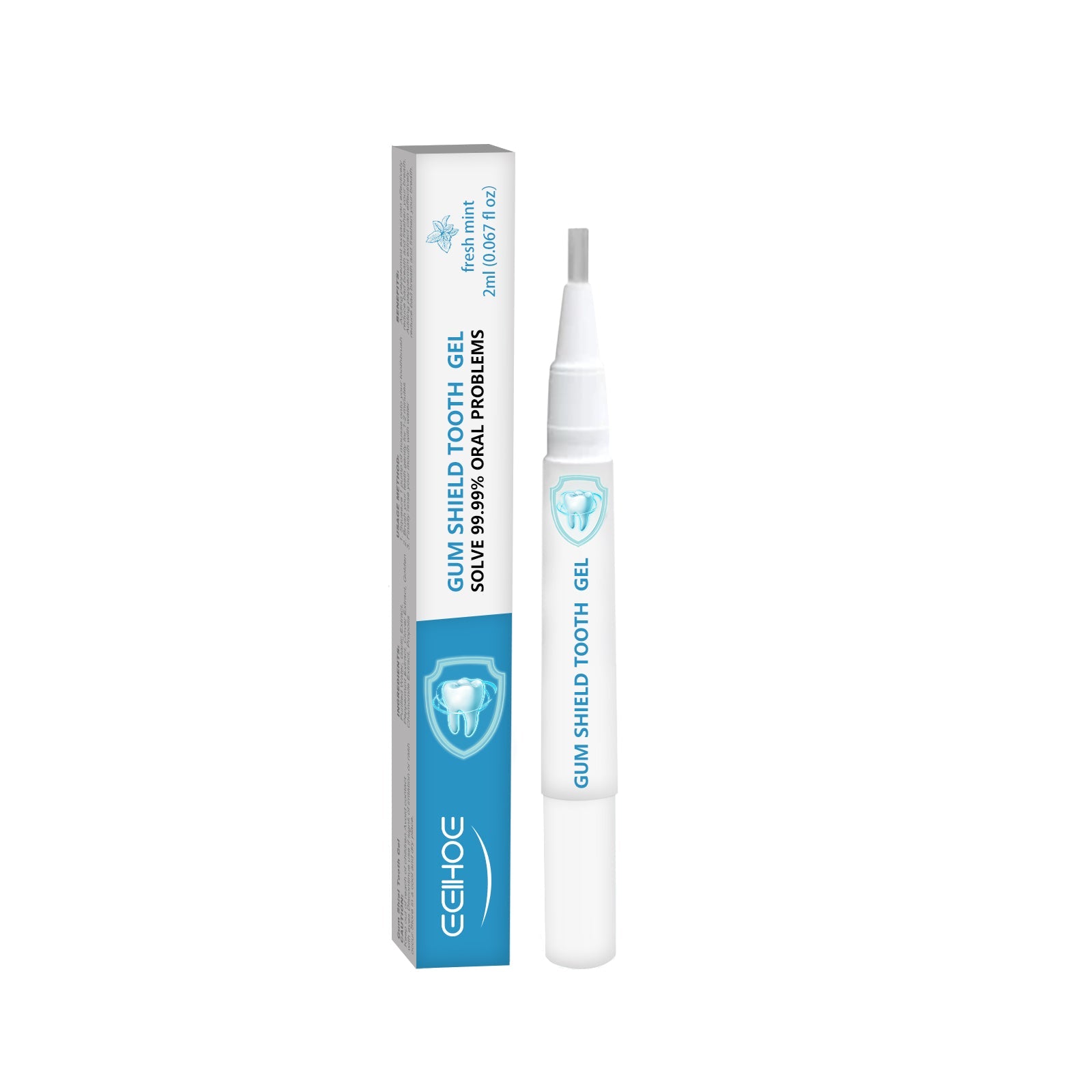 Front facing product packaging and pen applicator with blue and white box design showing tooth shield logo and product claims