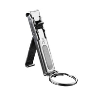 Product displayed at 45-degree angle showing foldable design with open blade and keyring attachment
