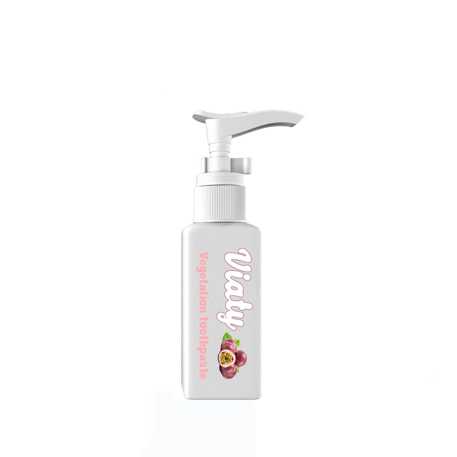 Front-facing product bottle with pump dispenser, showing elegant pink and white packaging design with passion fruit and blueberry fruit imagery