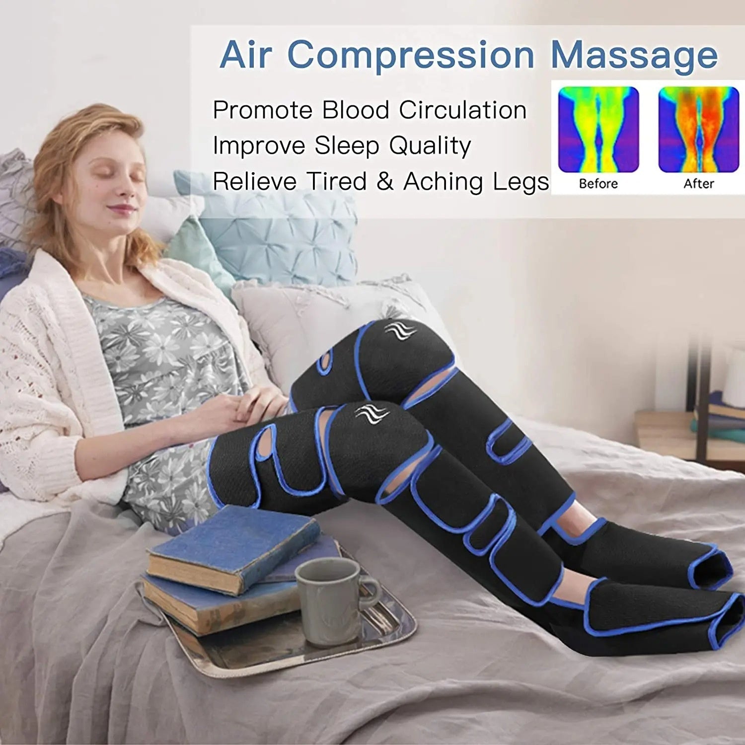 Woman wearing black and blue leg compression sleeves on bed with pillows, thermal imaging showing blood circulation improvement