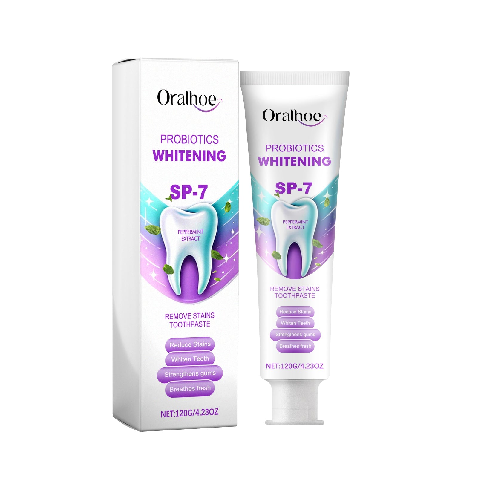 Oralhoe Probiotics Whitening SP-7 toothpaste box and tube displayed side by side against white background