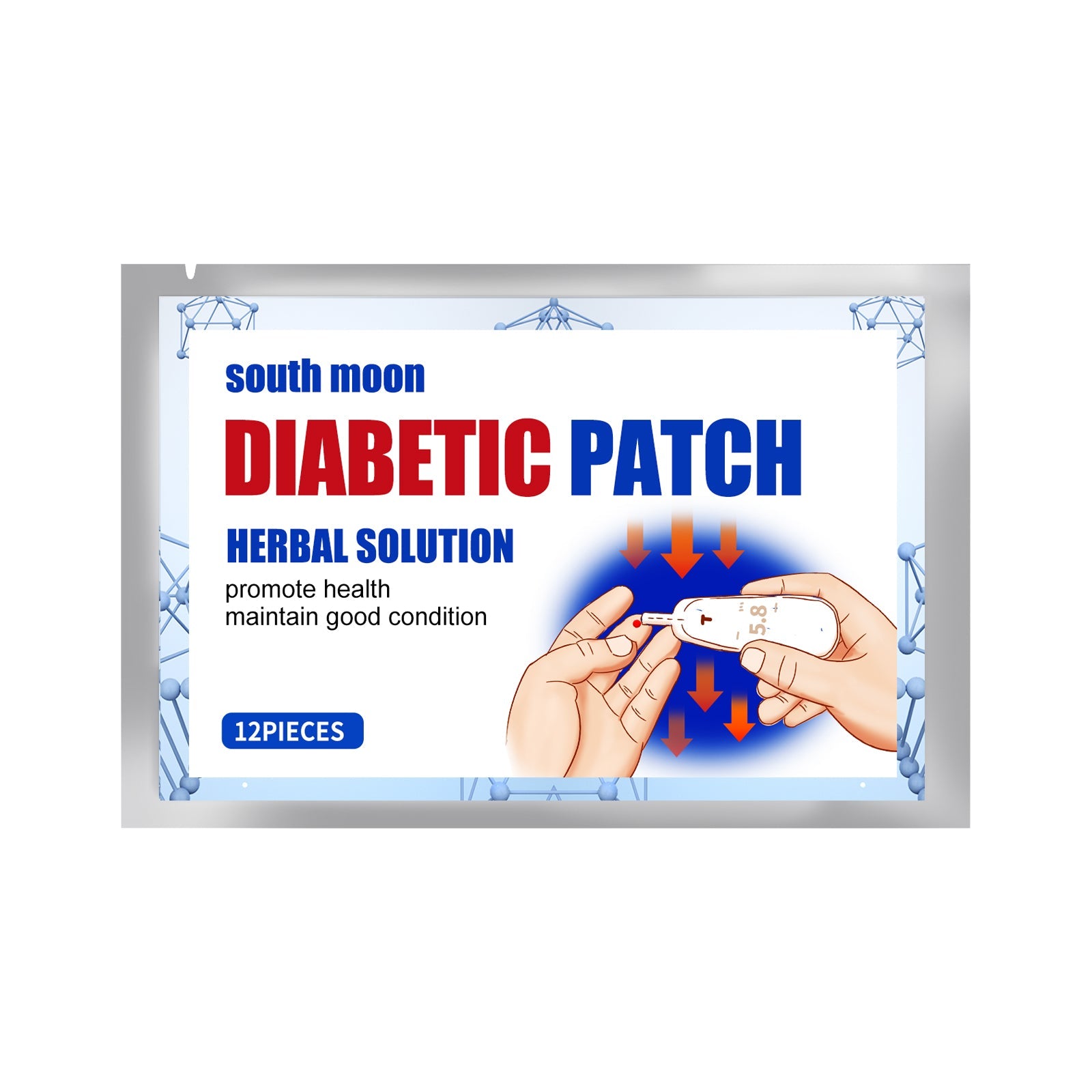 South Moon Diabetic Patch packaging with bold branding showing product name, herbal solution claim, and application illustration with hands placing patch