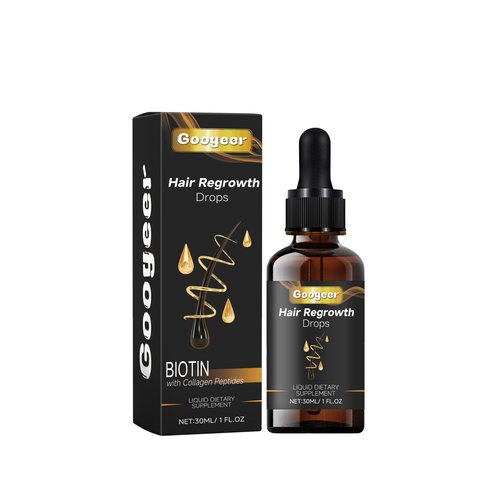 Googeer Hair Regrowth Drops packaging and amber dropper bottle on white background