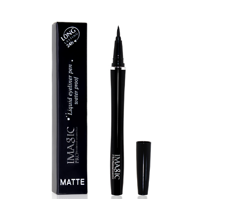 Angled view of eyeliner pen showing metal band accent and fine tip