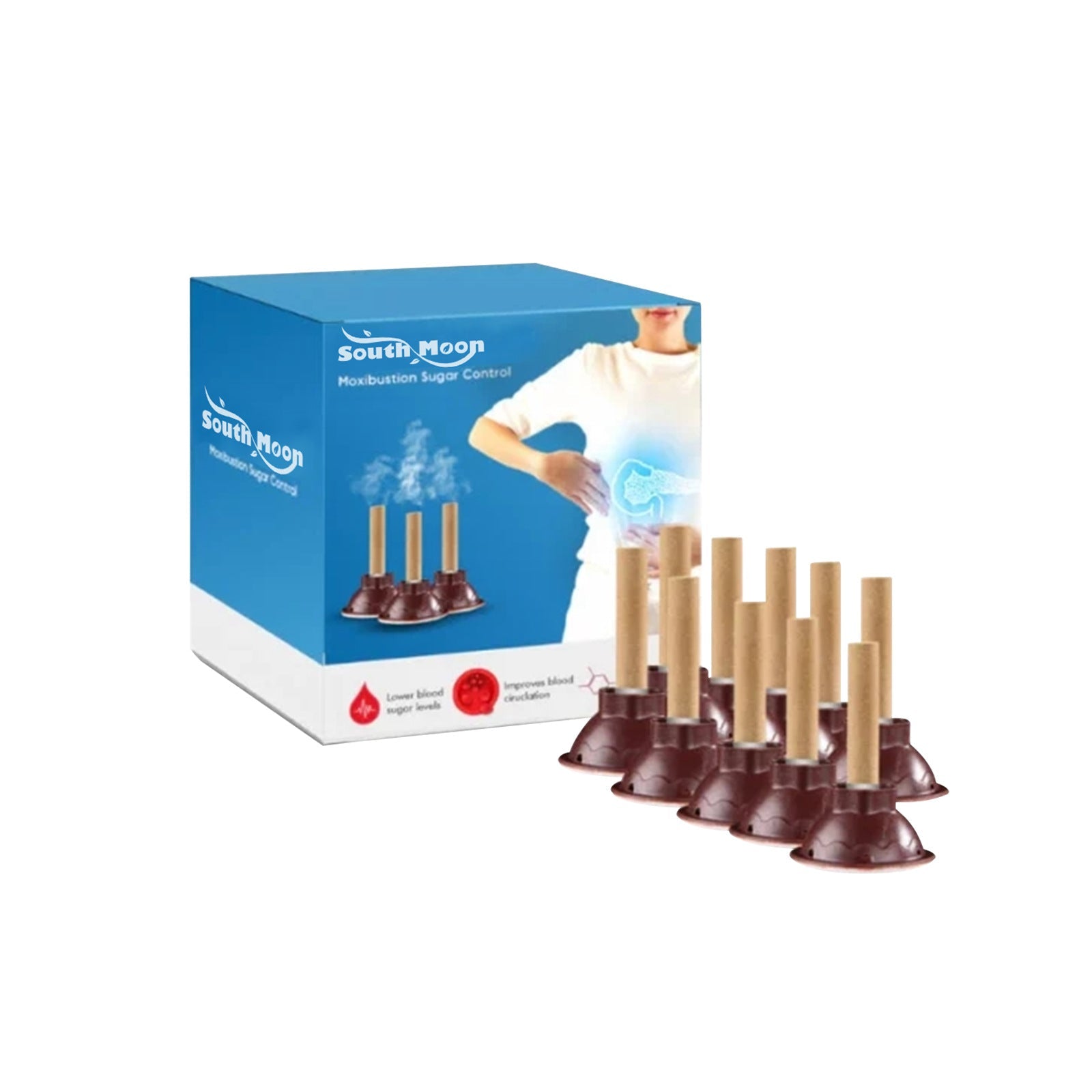South Moon Moxibustion Sugar Control 10-piece set with blue packaging and burgundy cone applicators displayed