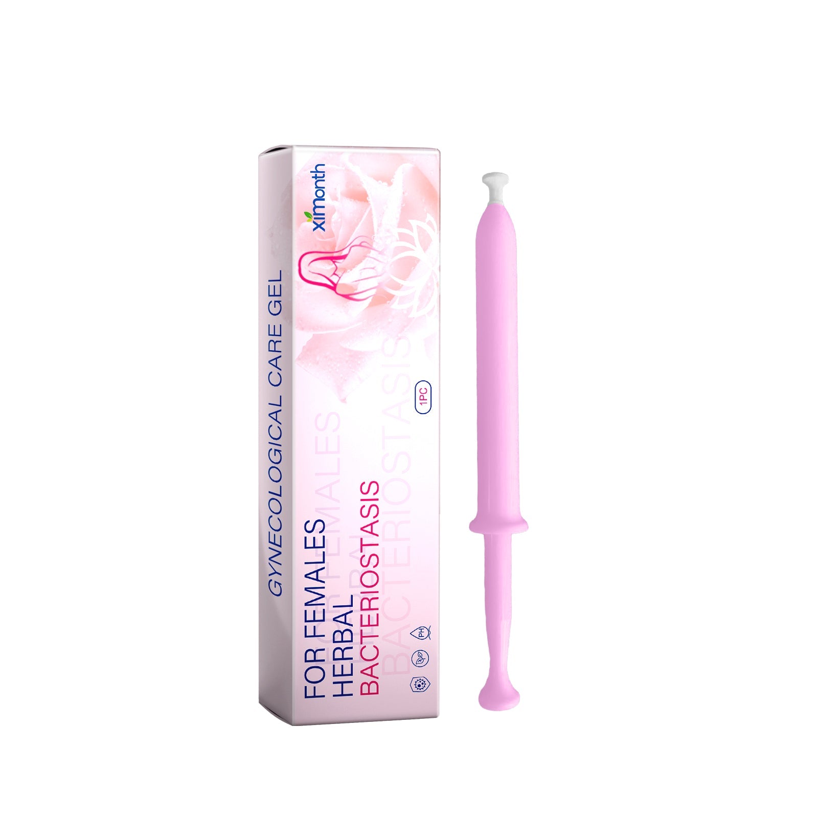 Product packaging and pink silicone syringe applicator displayed on white background