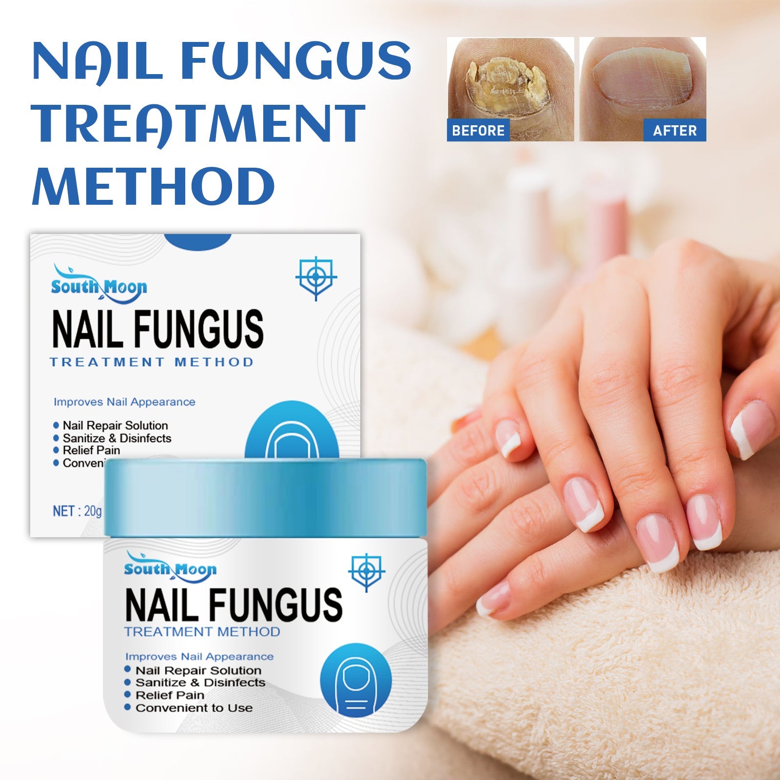 Product packaging and sachets displayed with healthy hand demonstrating result outcome