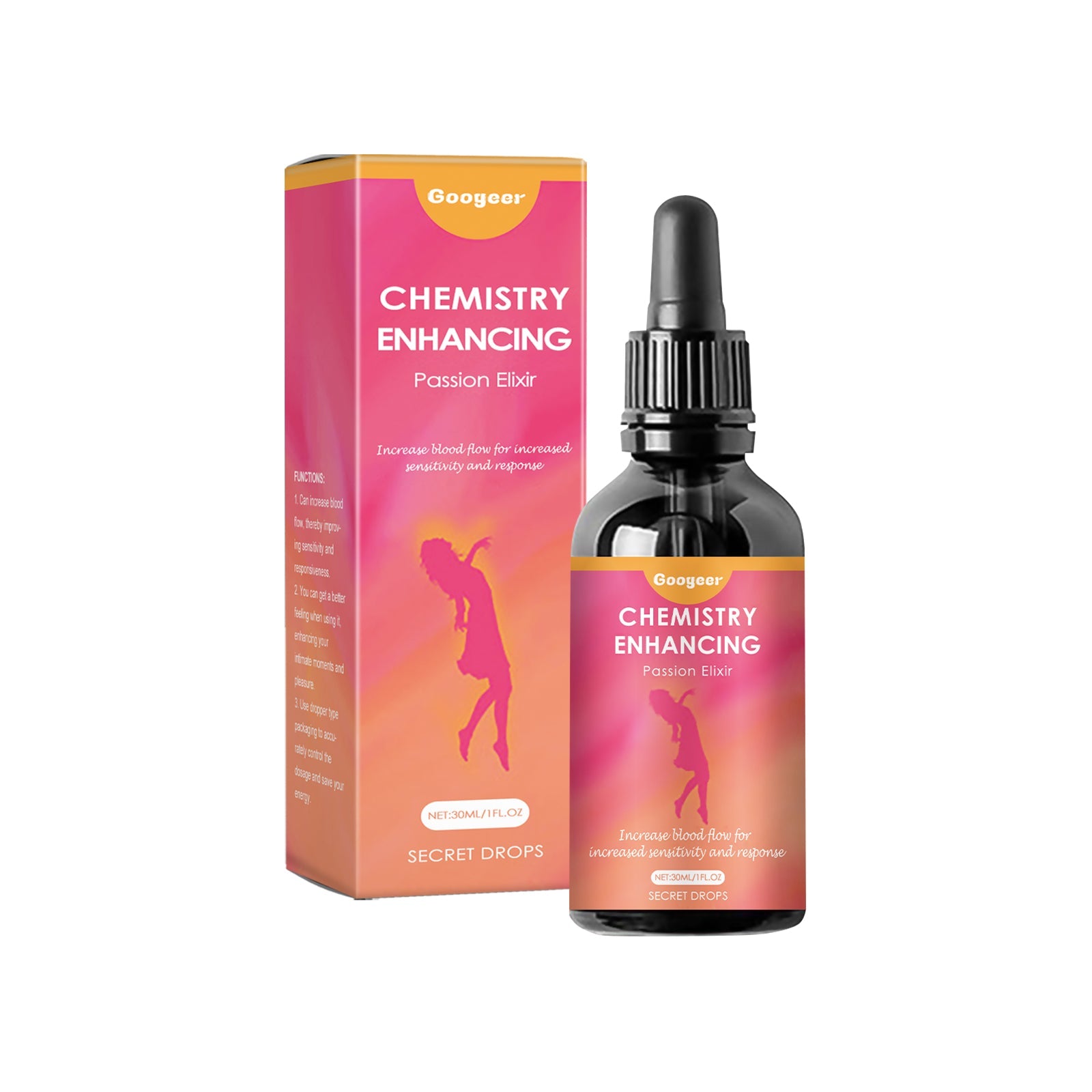 Product shot showing Chemistry Enhancing Passion Elixir dropper bottle and pink-to-orange gradient box against white background