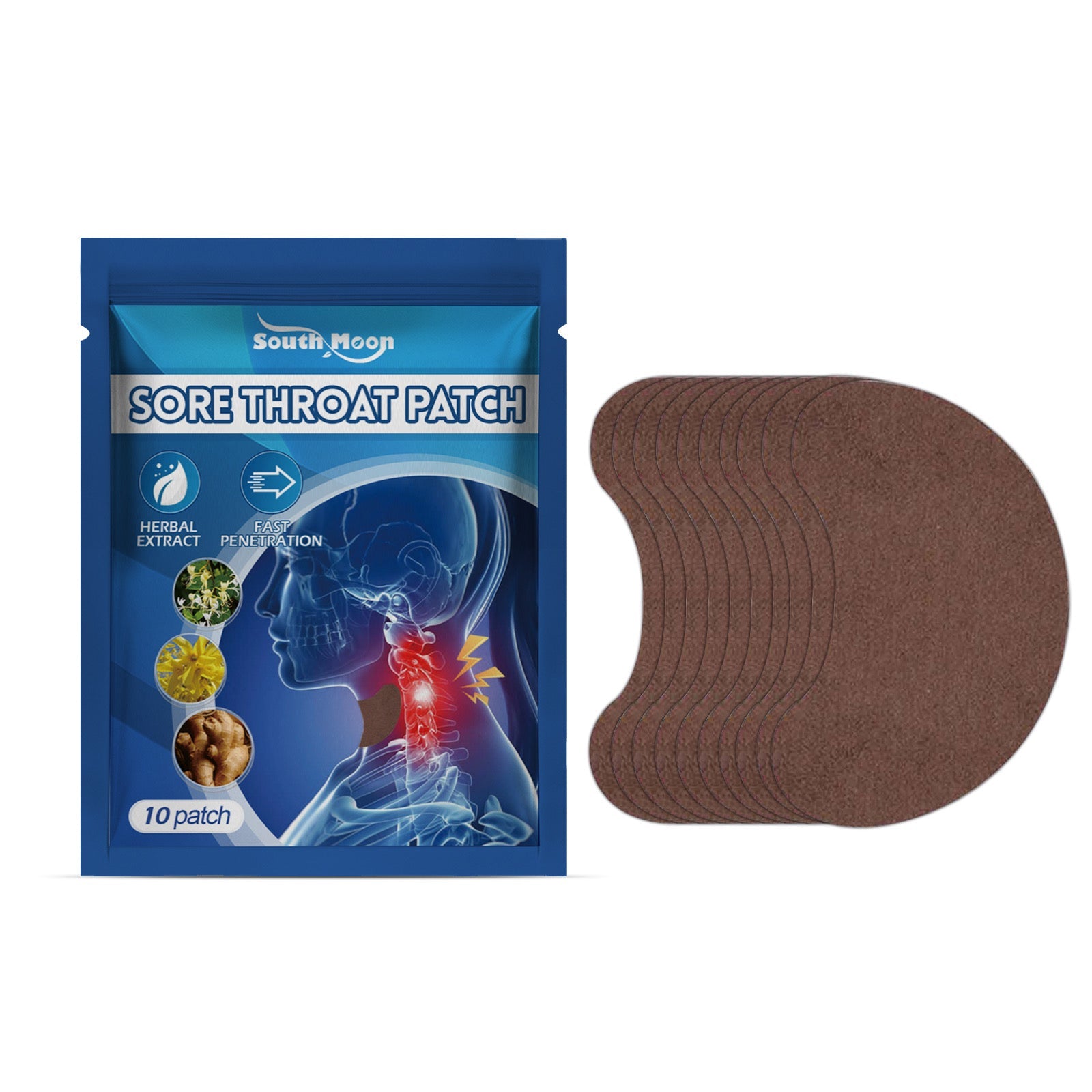South Moon Sore Throat Patch packaging with 10 patches fanned out on right side showing matte brown fabric texture