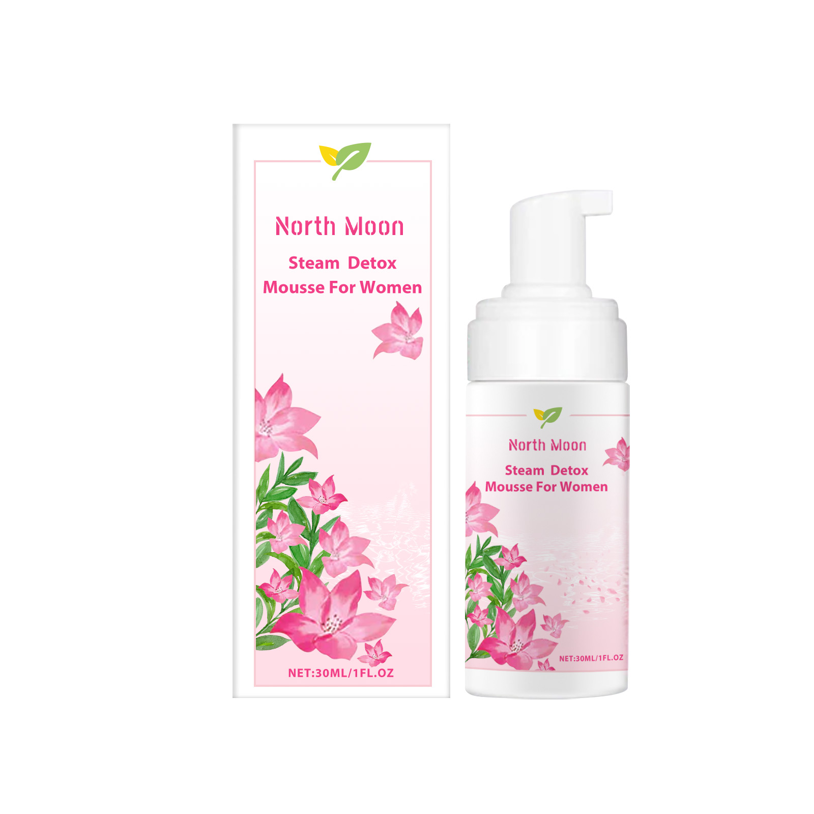 Product packaging box and white pump bottle with pink floral design on white background