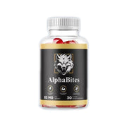 AlphaBites creatine gummies bottle with white background showing full label design, wolf logo, and red gummies visible through clear plastic