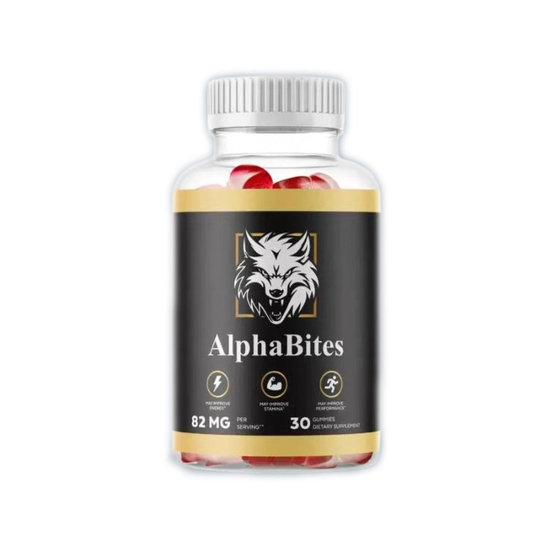 AlphaBites creatine gummies bottle with white background showing full label design, wolf logo, and red gummies visible through clear plastic