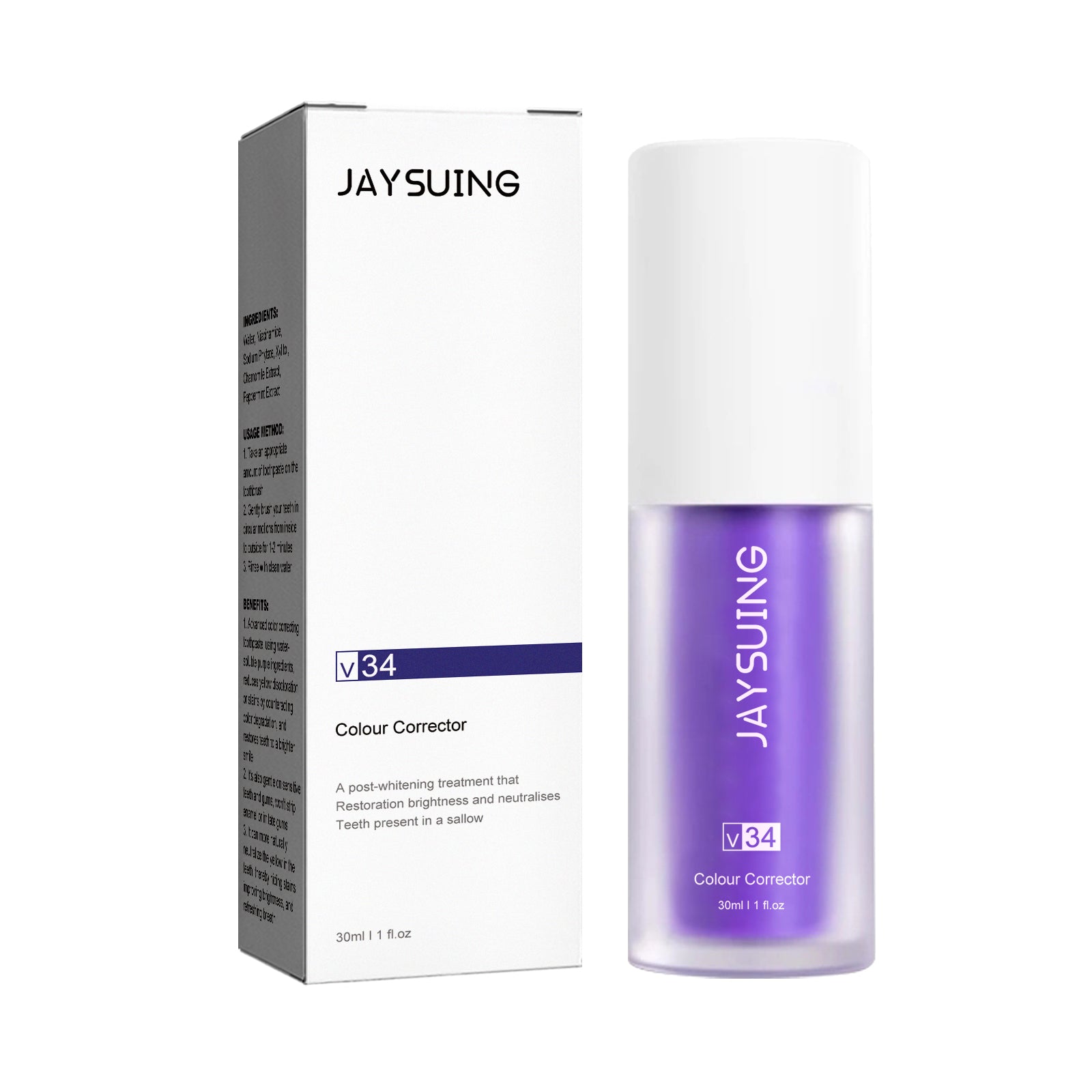 JAYSUING V34 Colour Corrector toothpaste bottle with white cap and vibrant purple gel, shown with product box