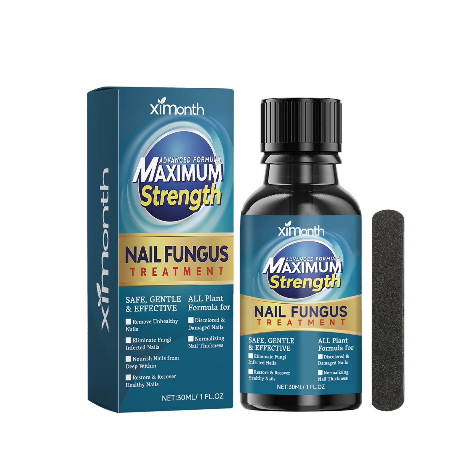 Duplicate product shot of Ximonth nail fungus treatment bottle with box and applicator tools
