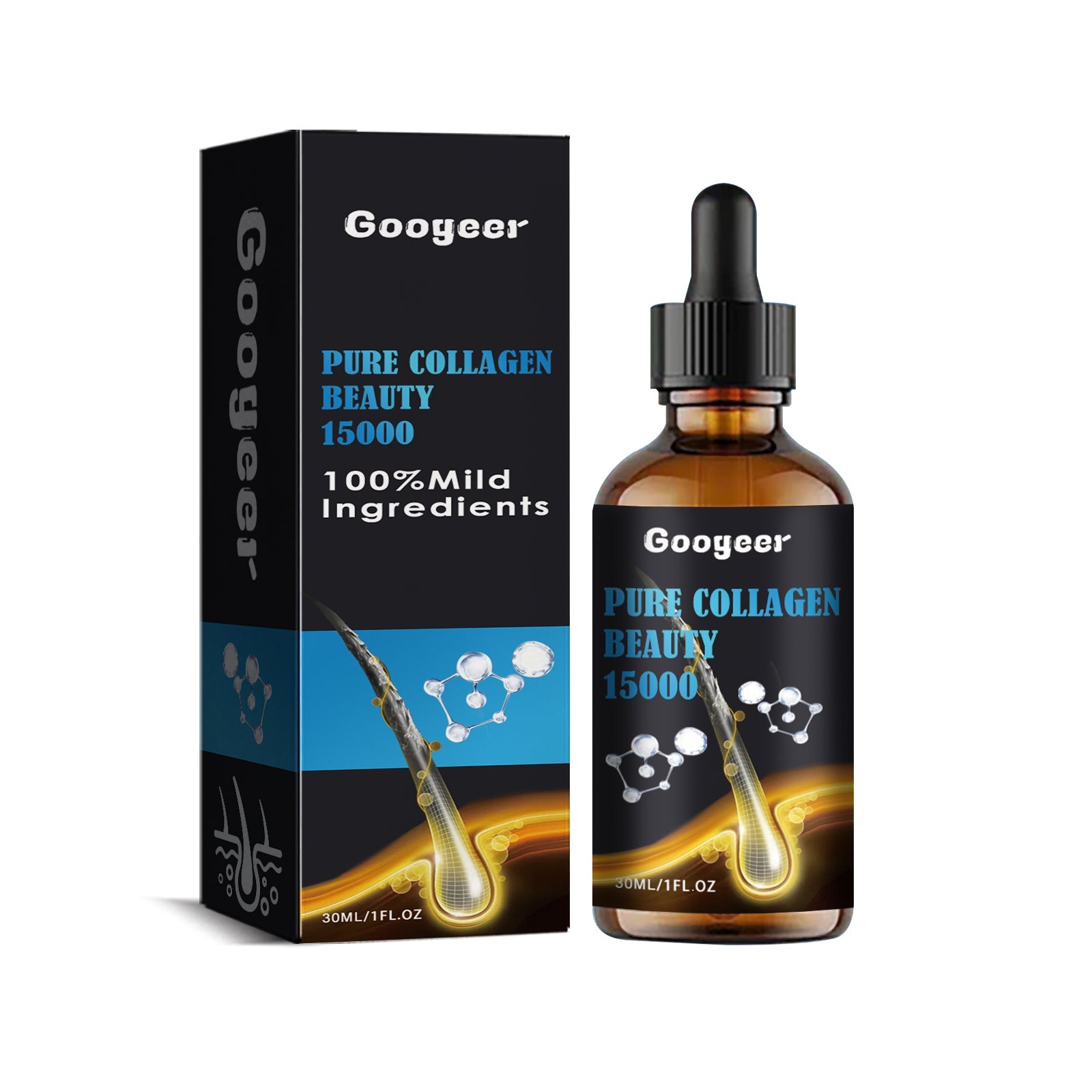 Googeer Pure Collagen Beauty 15000 amber glass bottle with dropper next to black product box featuring blue accent band and golden molecular flow visualization
