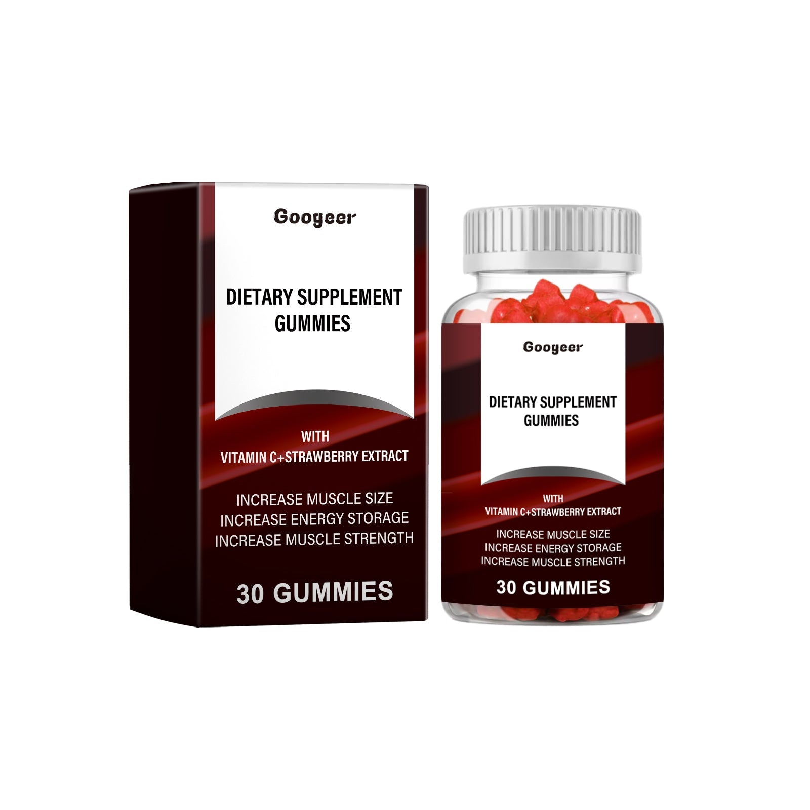 Product packaging and bottle display showing Googeer Dietary Supplement Gummies with 30-count bottle and branded box