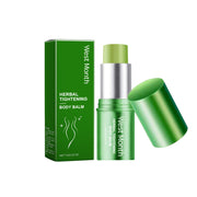 West Month Herbal Tightening Body Balm with green cylindrical stick applicator, silver band, and matching green packaging box shown against white background