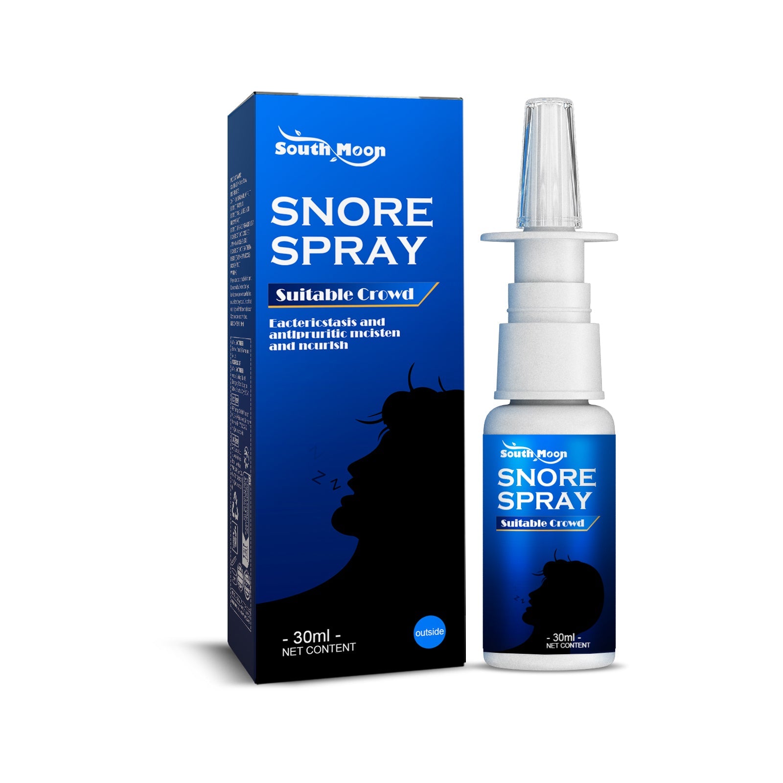 Product shot of South Moon Snore Spray showing blue box and white spray bottle with clear applicator cap against neutral background