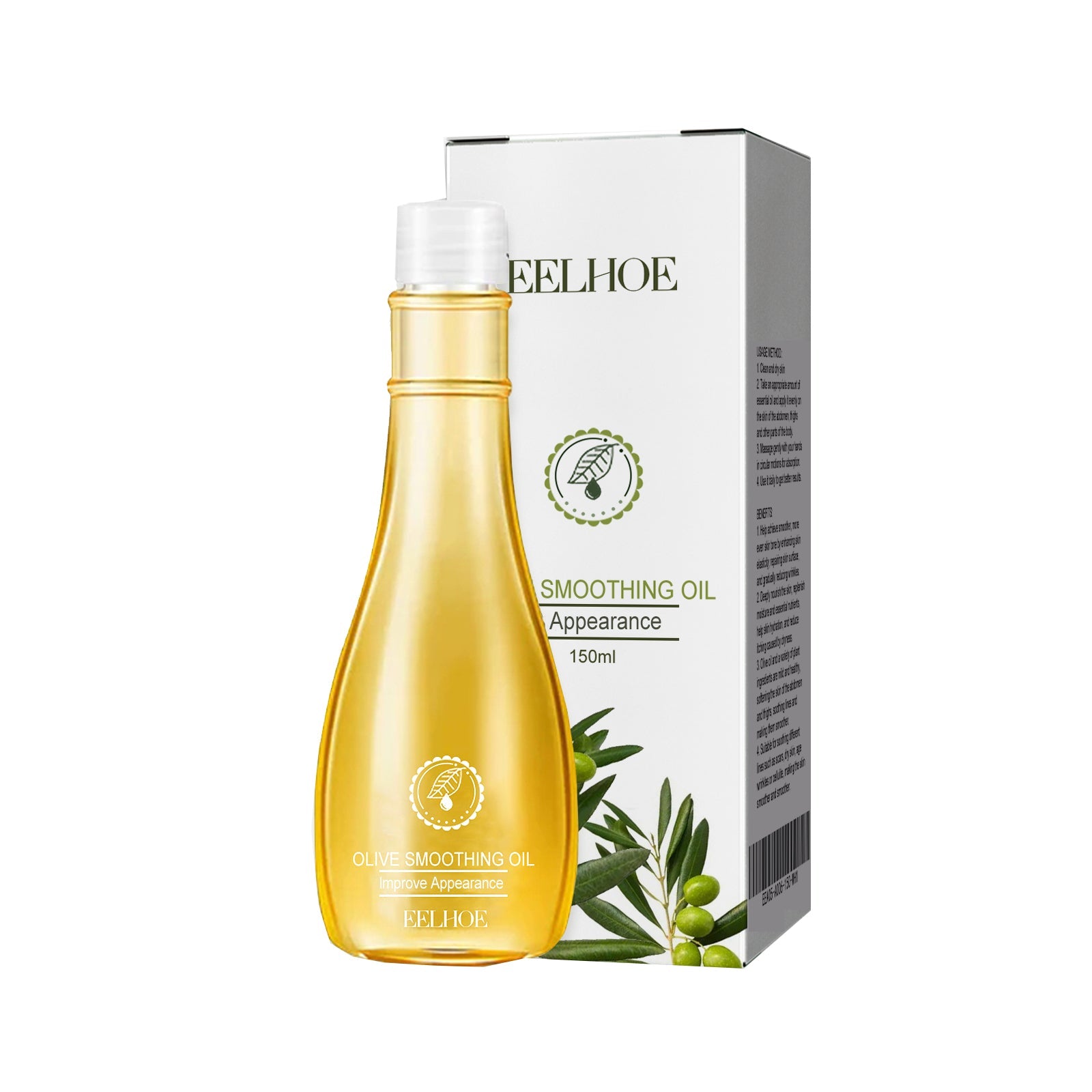EELHOE Olive Smoothing Oil 150ml with white box packaging and fresh olive branch imagery