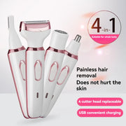 Four interchangeable electric hair removal heads with main device displayed on white background, with product benefits highlighted