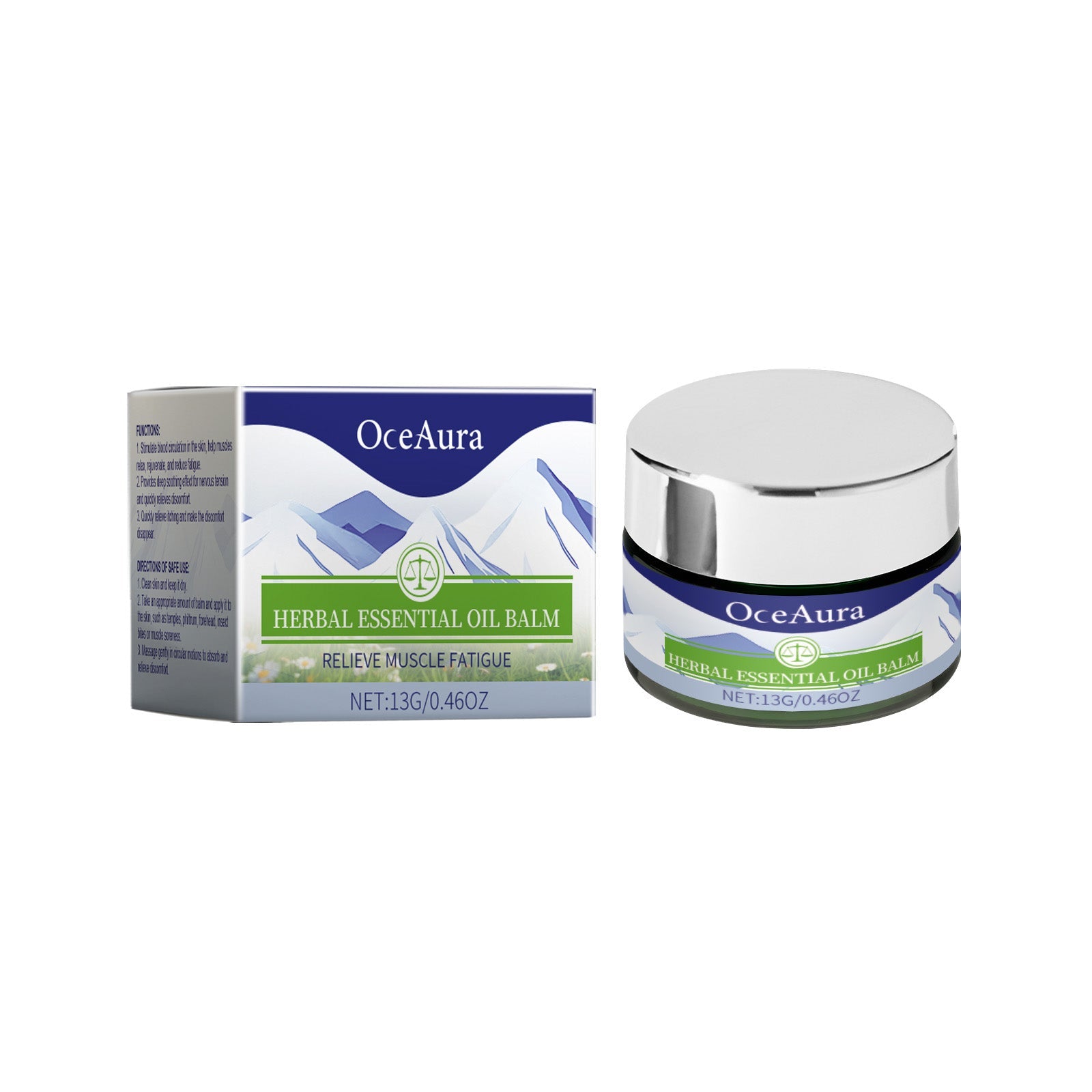 OceAura Herbal Essential Oil Balm 13g jar with navy/white box packaging showing product branding and 'Relieve Muscle Fatigue' claim